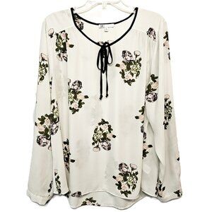 DR2 White Blouse With Black Trim Floral Print in Pink & Green - Size XL